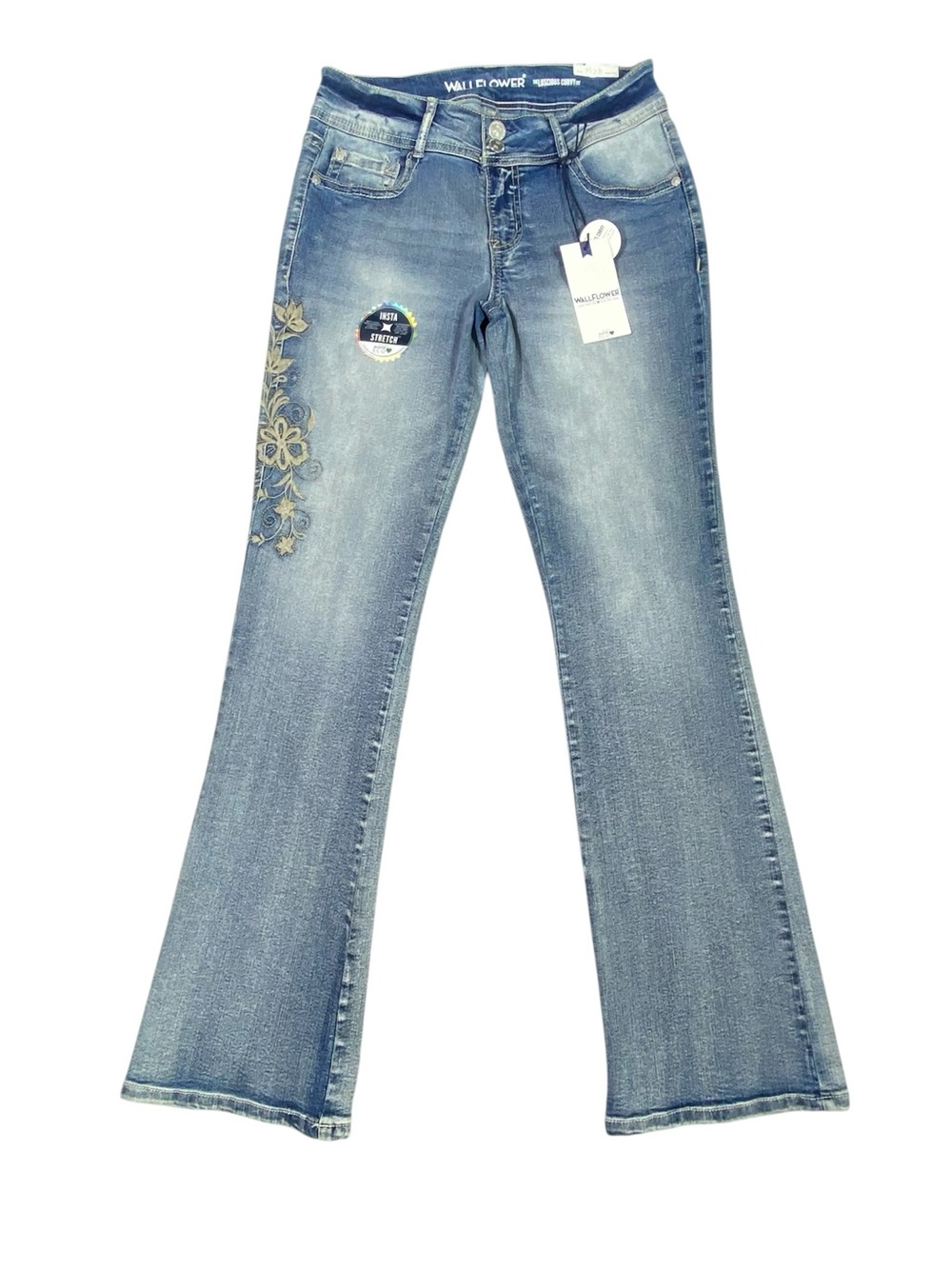 Wallflower Luscious Curvy Bootcut Jeans Women 7 Blue Floral Embroidered Boho NWT